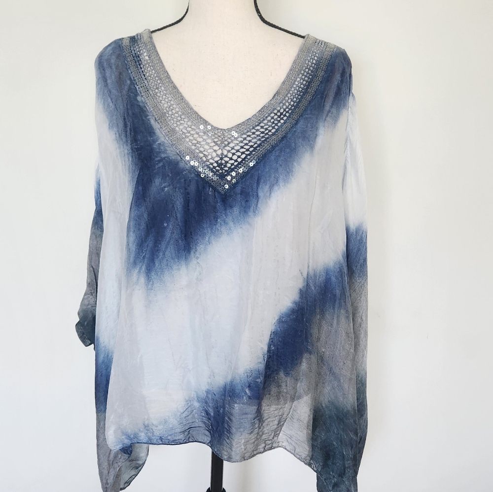 LE MARAIS PARIS SILK Top Blouse Sequin Batwing Sleeves Blue White Grey Flowy XL